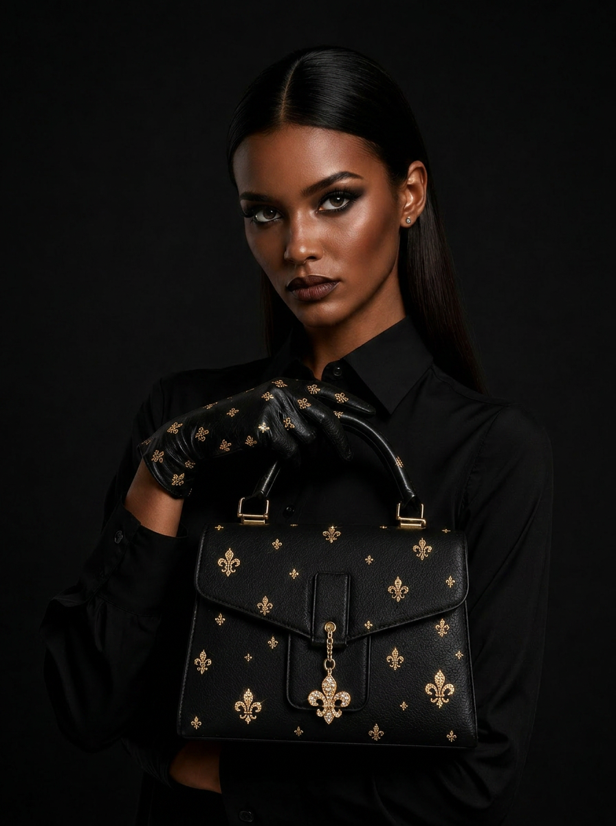 Fleur Noir handbag — rhinestone gold monogram